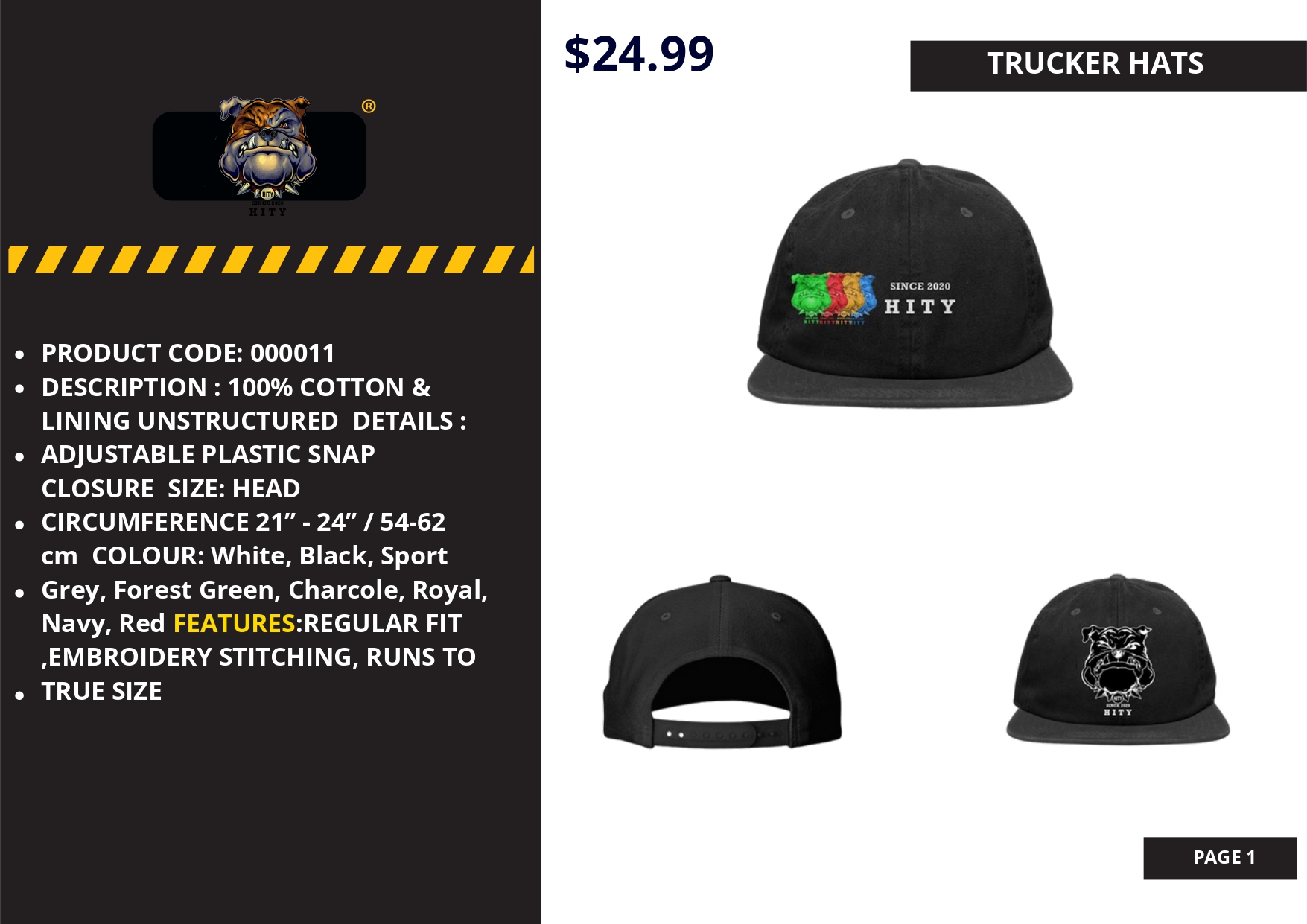 Black trucker cap with colorful embroidered logo and adjustable strap.