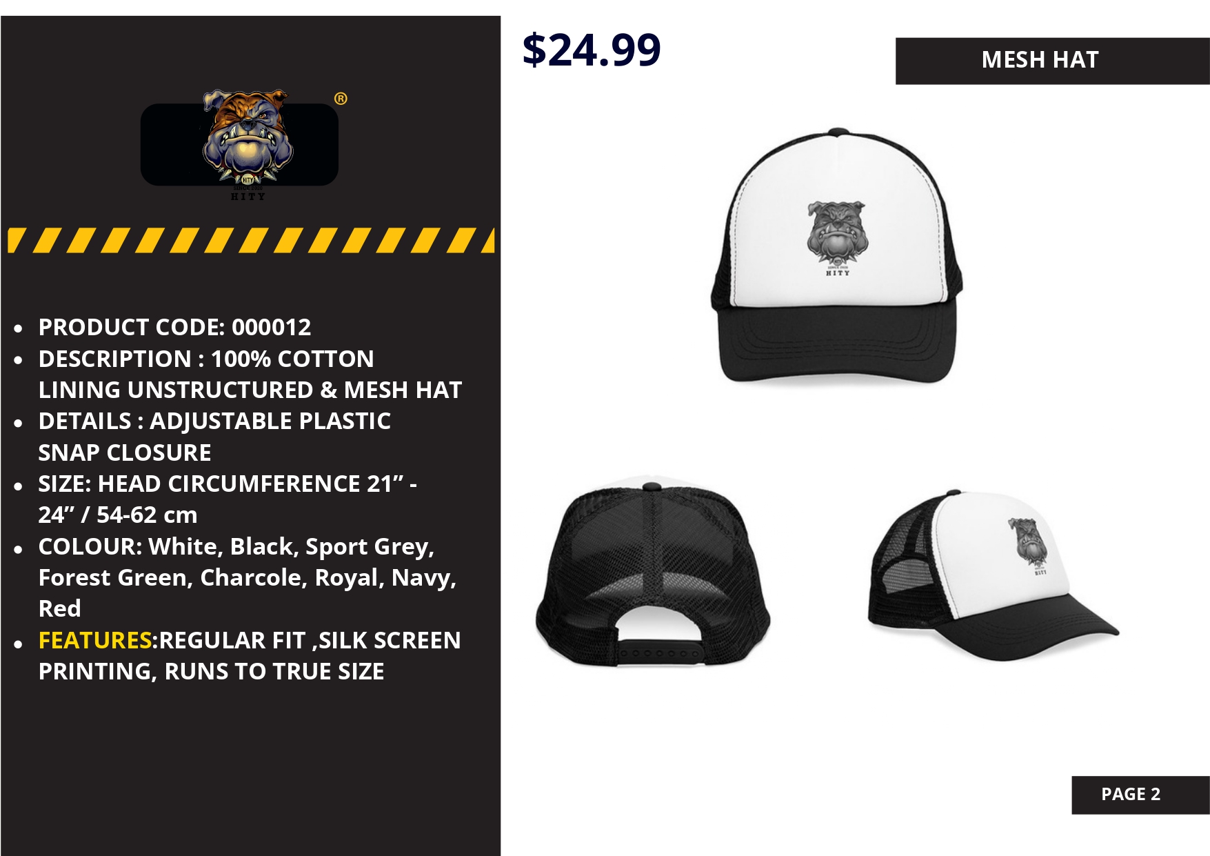 Black and white structured hat with metallic patch and flat bill.