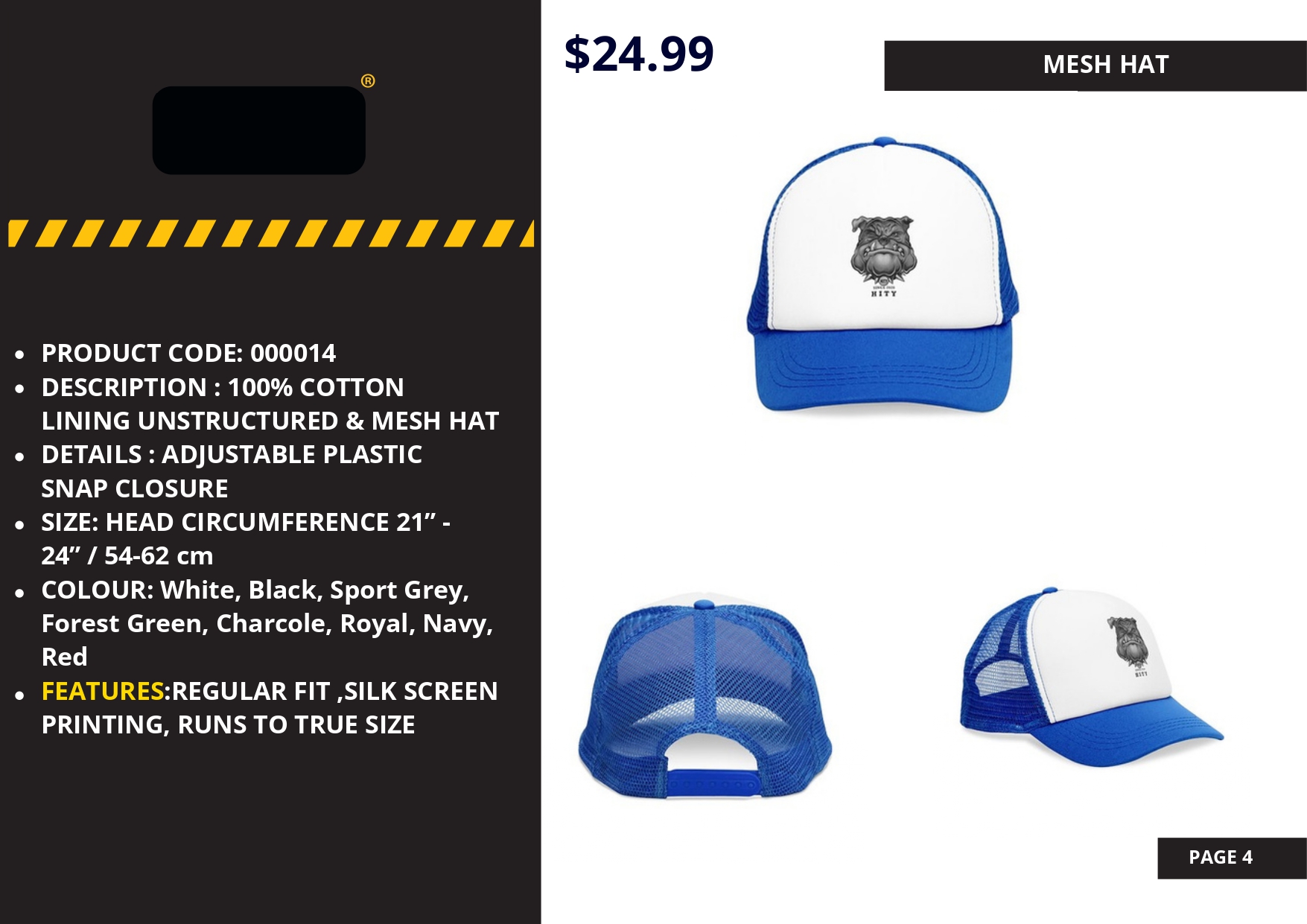 Blue and white structured trucker hat with mesh back and snapback closure.