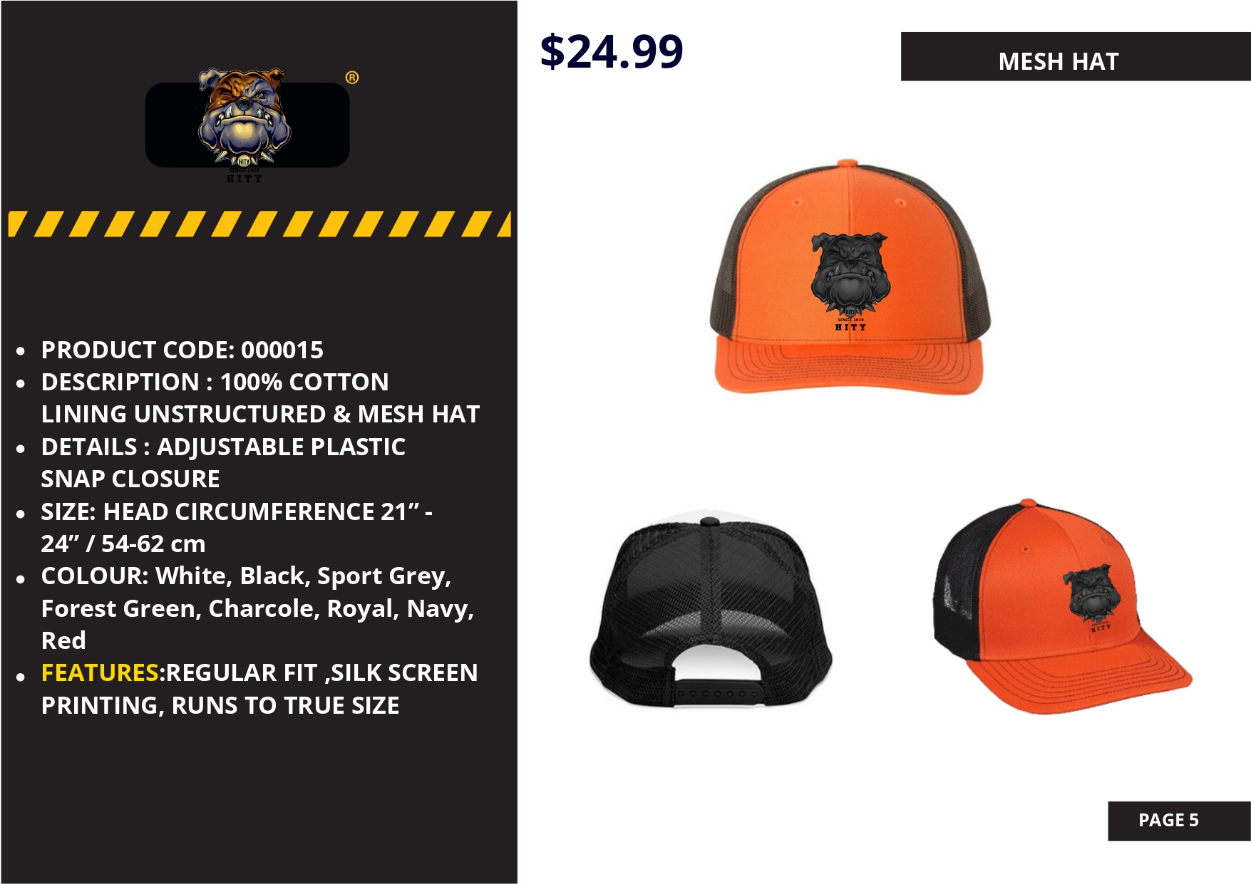 Orange mesh hat with police badge and adjustable strap.