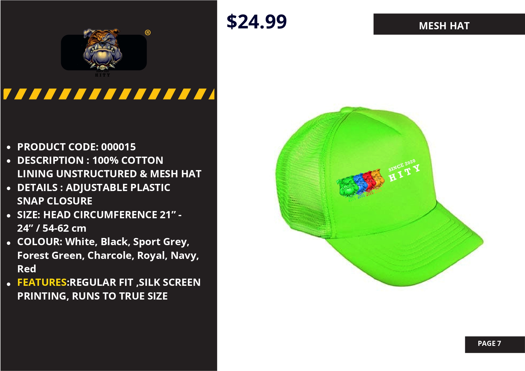 Bright green adjustable mesh hat with colorful logo on front.