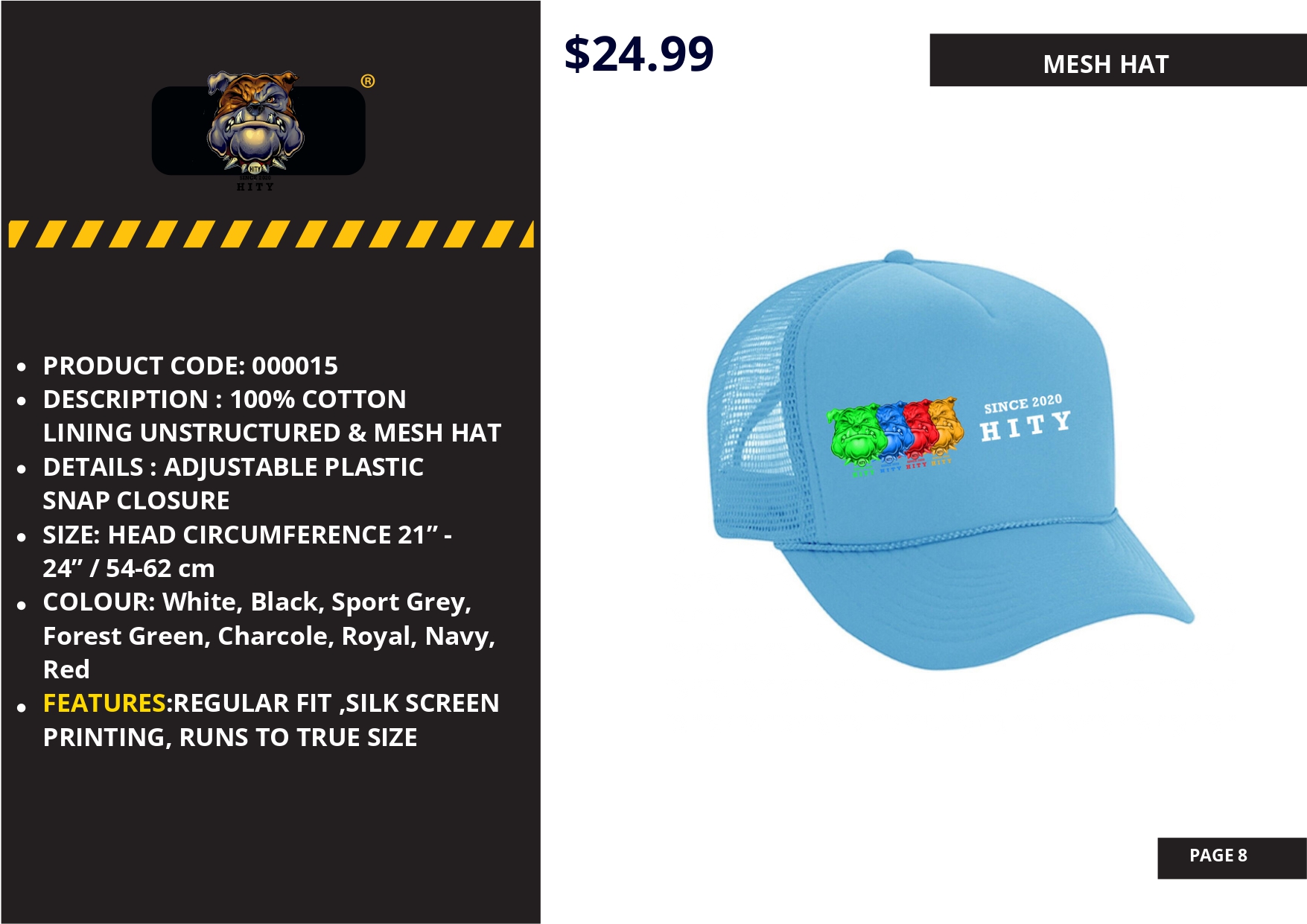 Bright blue trucker hat with colorful 3D logo and adjustable strap.