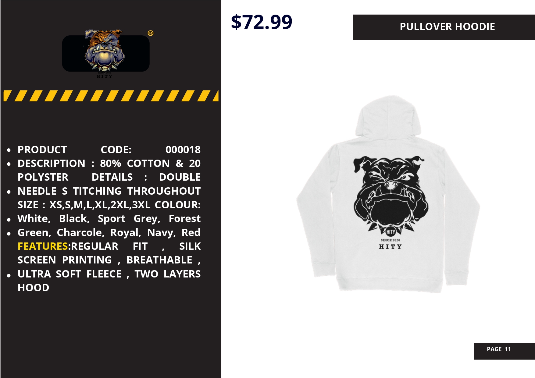 White pullover with a fierce bulldog graphic and bold text design.