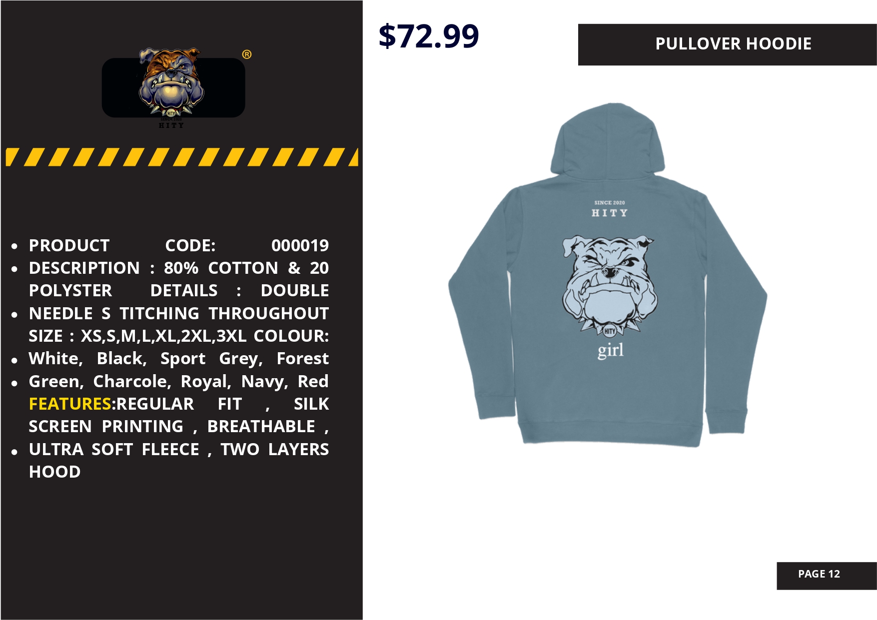 Stylish pullover hoodie with a bold bulldog graphic on the back, priced at $72.99.