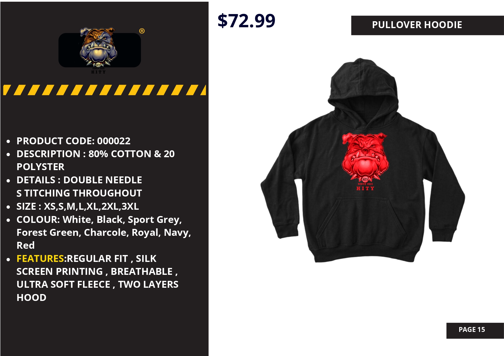 Black hoodie with a red graphic design on the back, priced at $72.99.