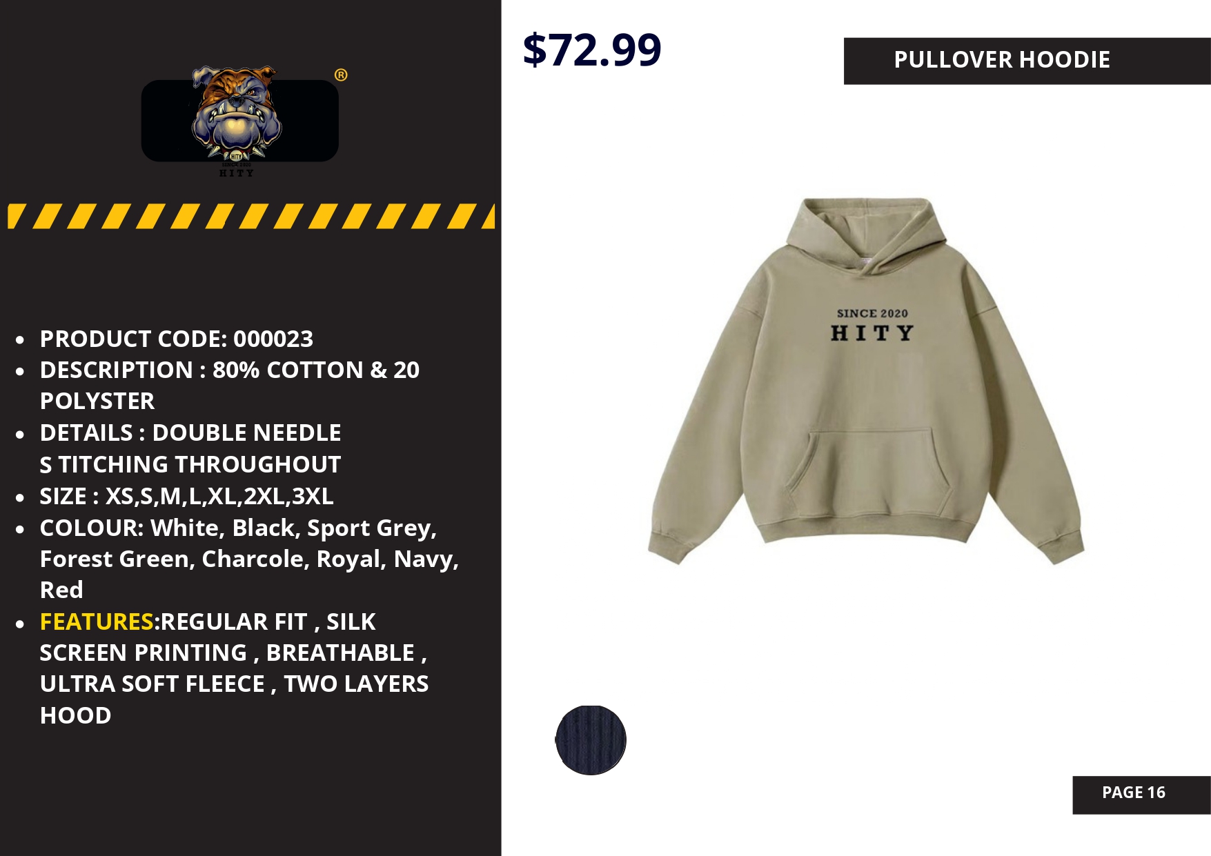 Beige hoodie with bold black text, priced at $72.99.