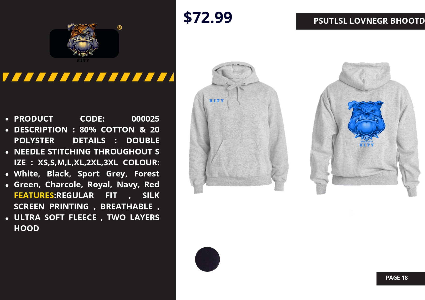 Gray hoodie with blue graphic print priced at $72.99.