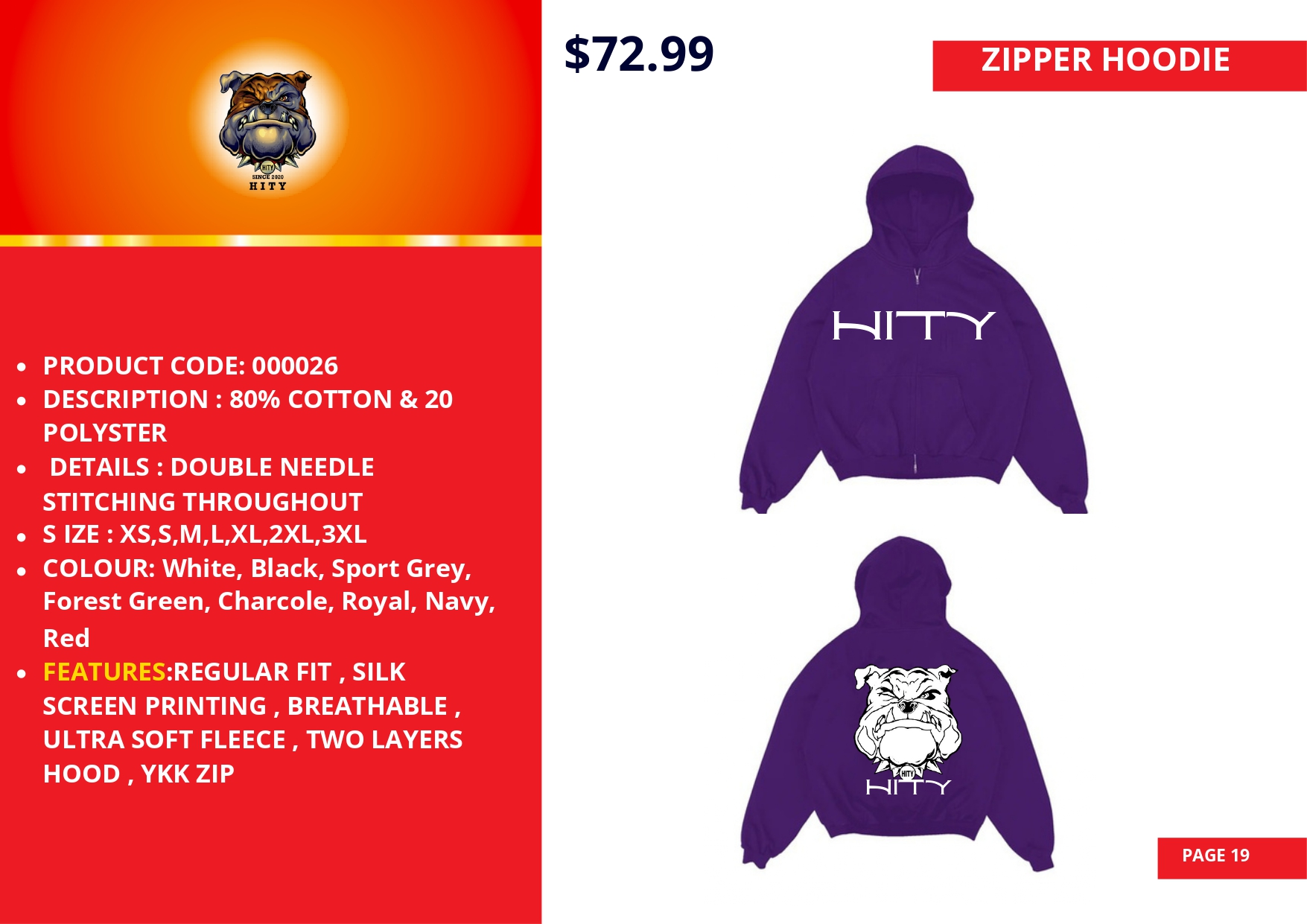 Purple hoodie with white tiger design, priced at $72.99.