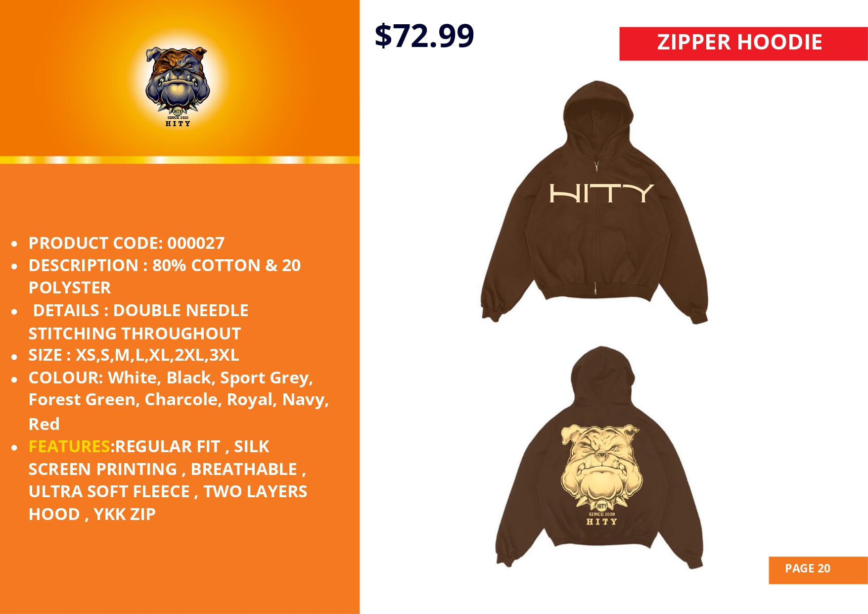 Brown hoodie with a cartoon pug design on front and 'WITTY' text on back.