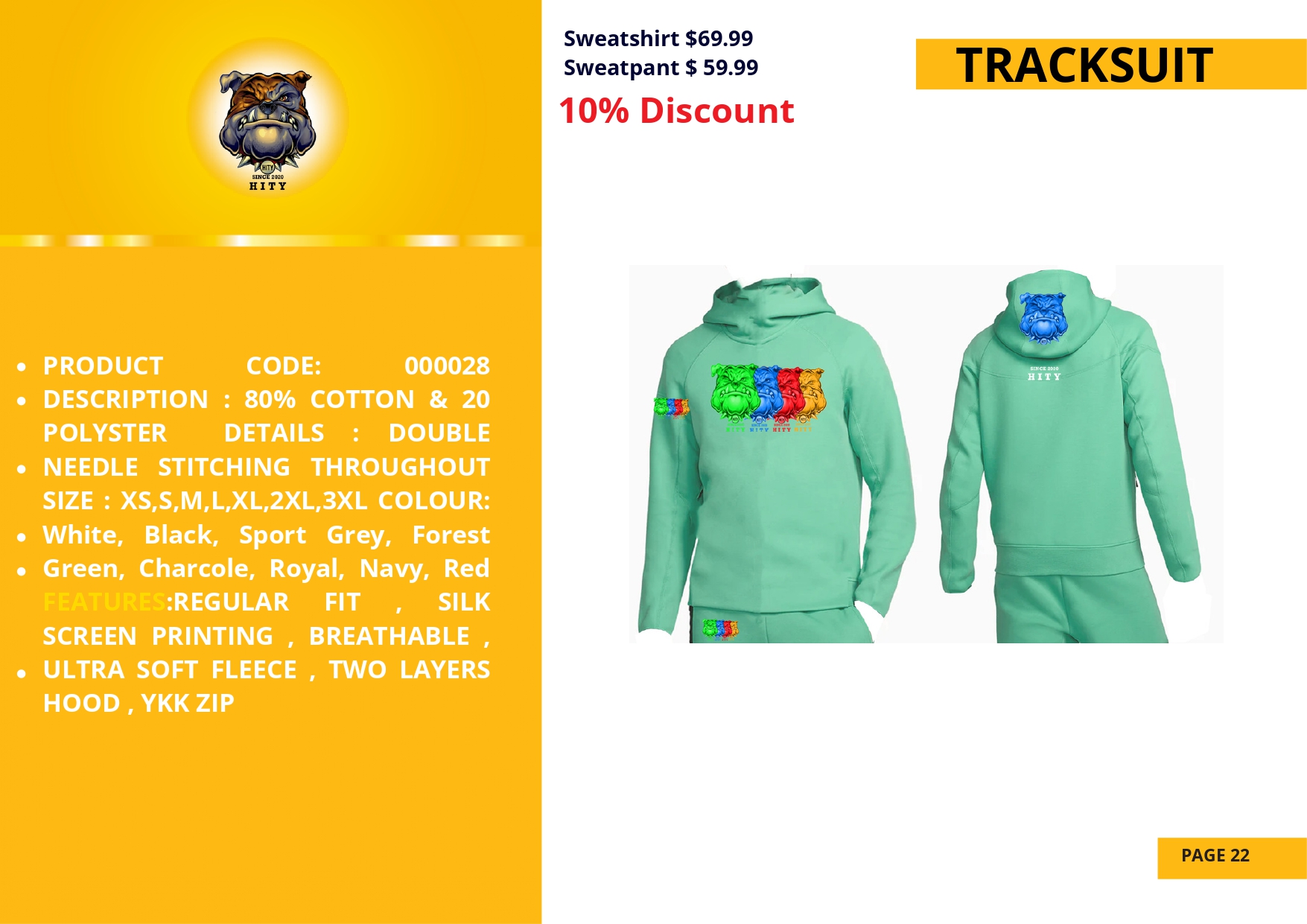 Green hoodie with colorful graphic and 10% discount offer.