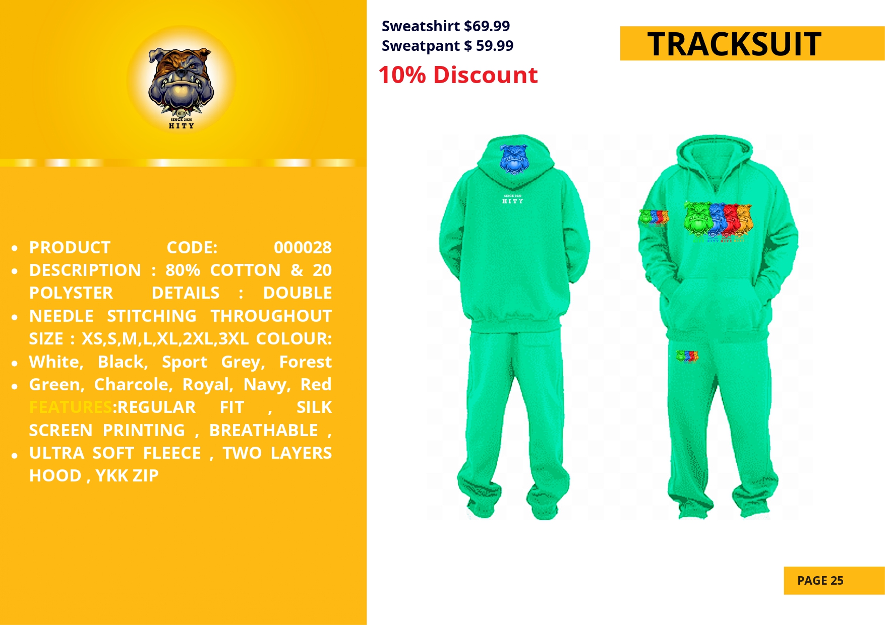 Bright green children's hoodie and pants set with colorful cartoon design on the back.