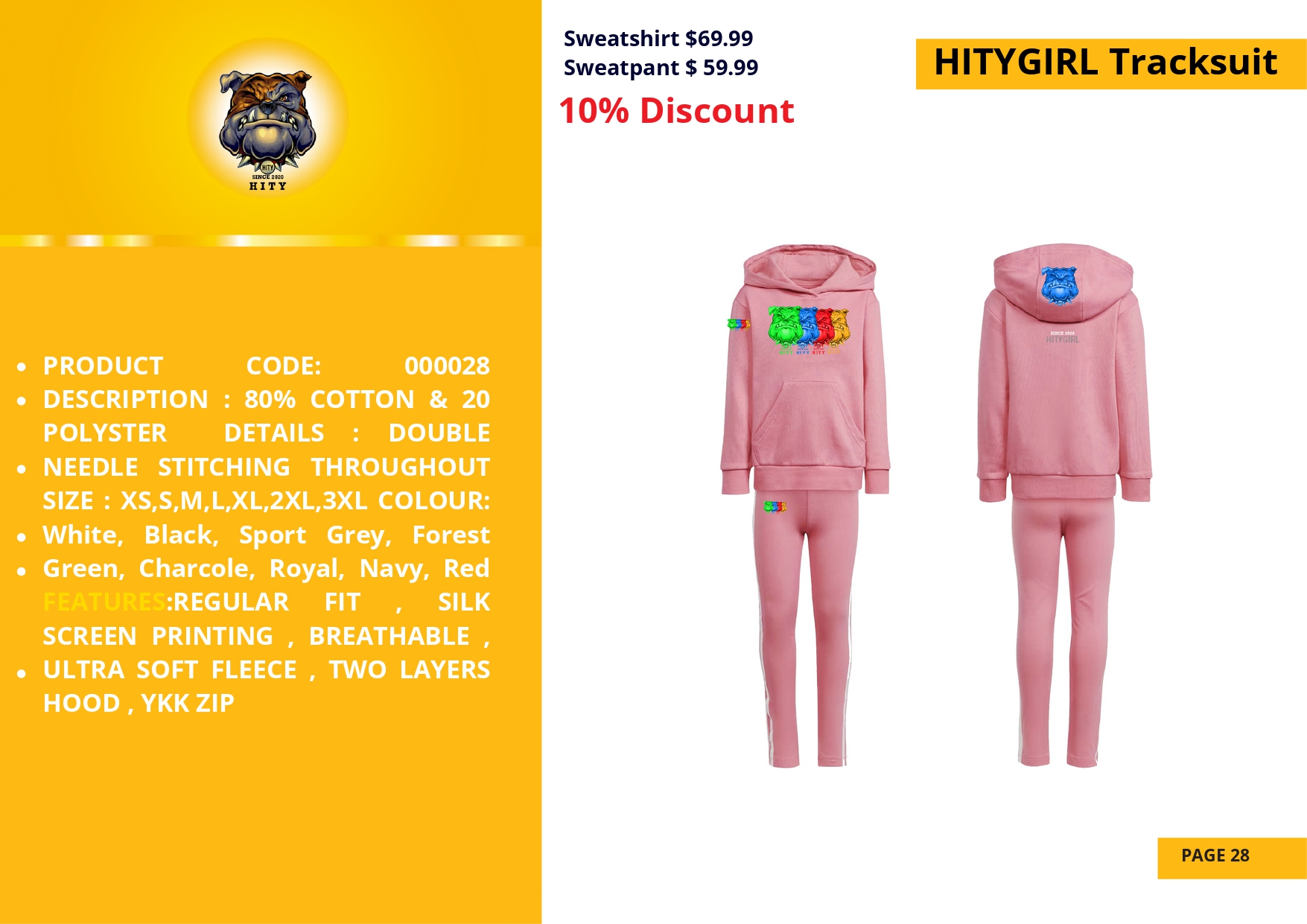 Pink kids' winter outfit with cartoon patch and matching pants.