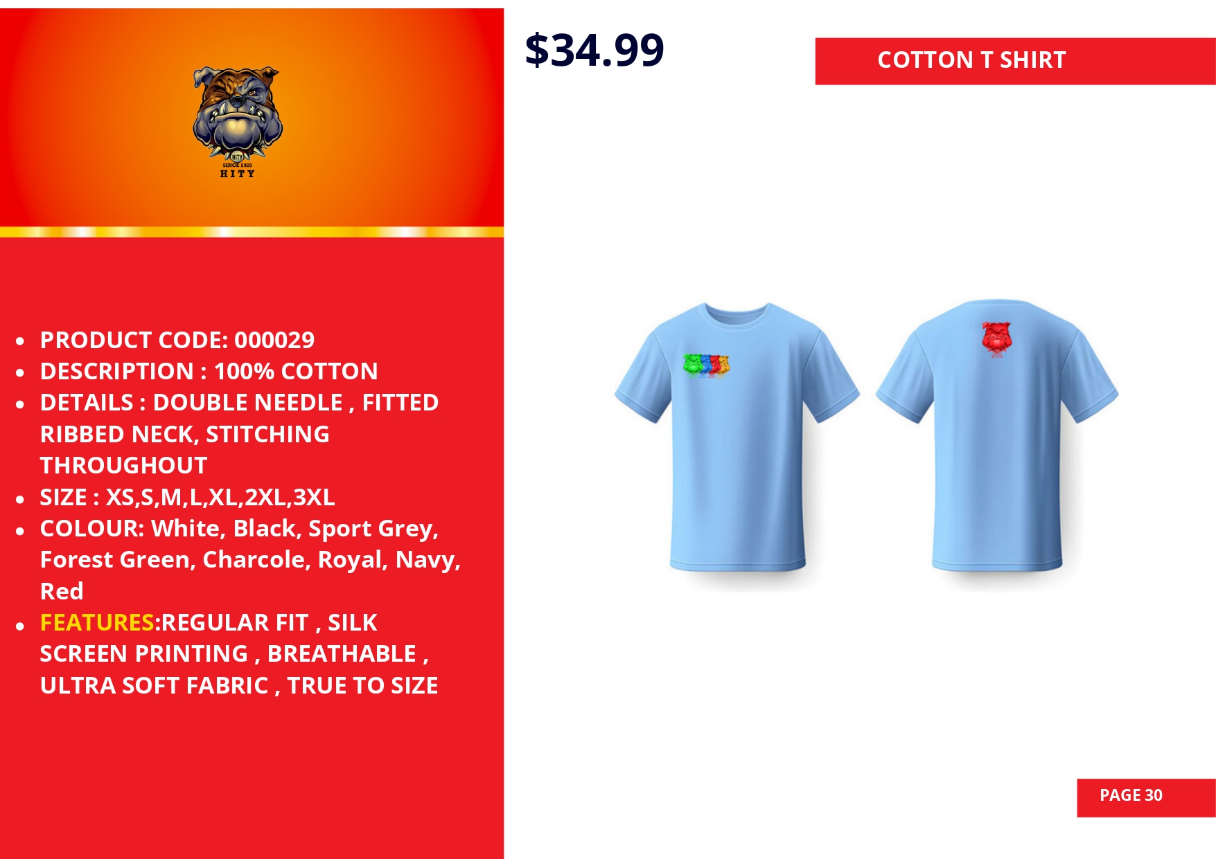 Blue cotton T-shirt with colorful heart designs on chest.