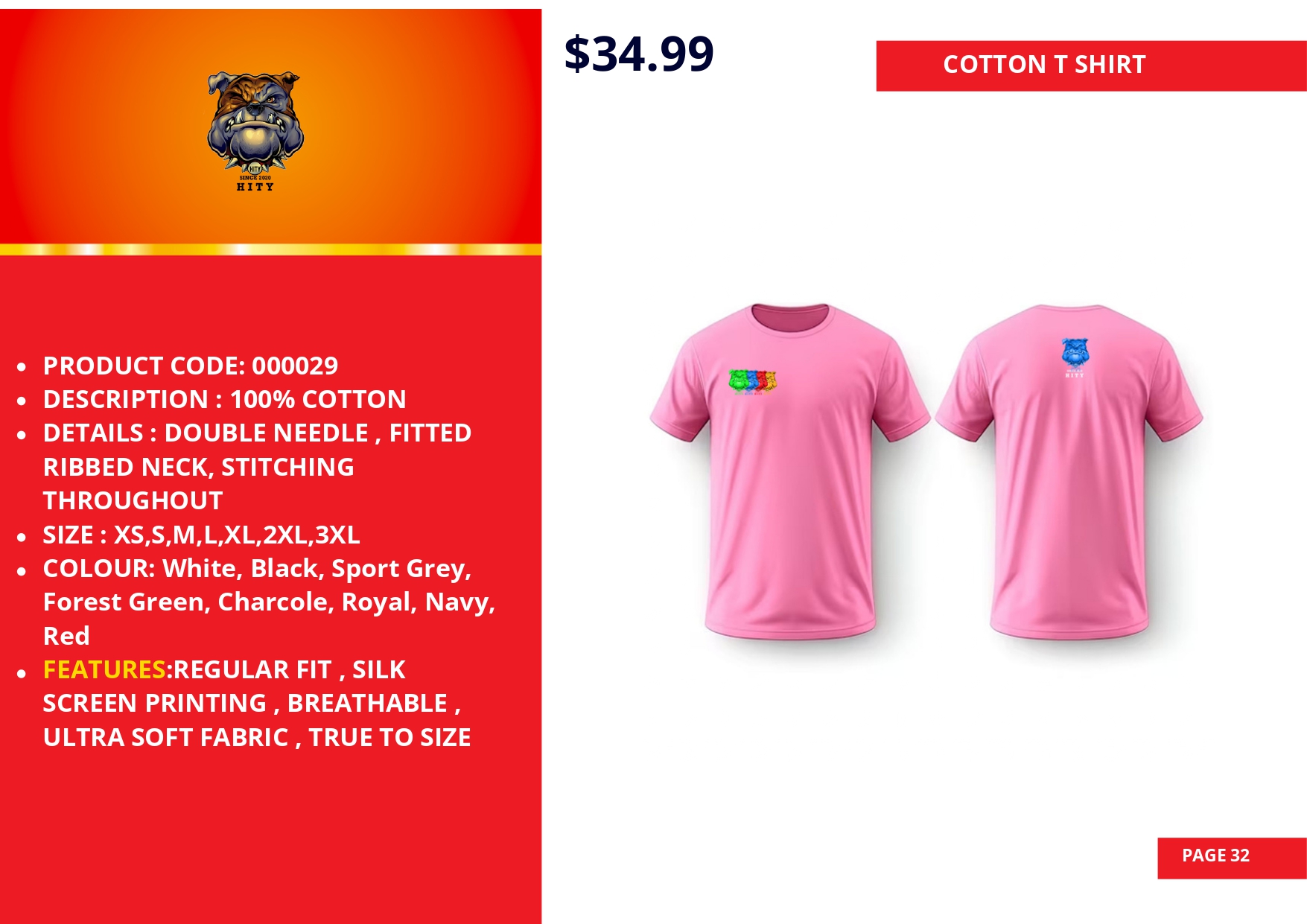 Bright pink T-shirt with a blue and black graphic on the chest, shown front and back.