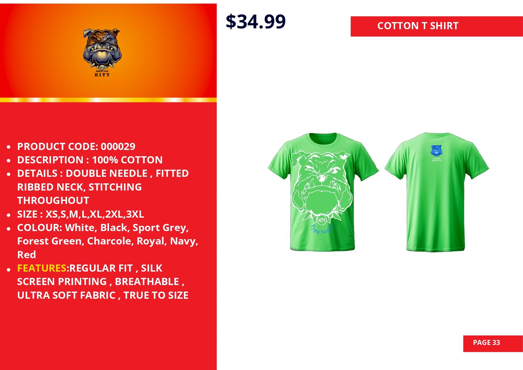 Bright green cotton T-shirt with a circular pattern on the front.