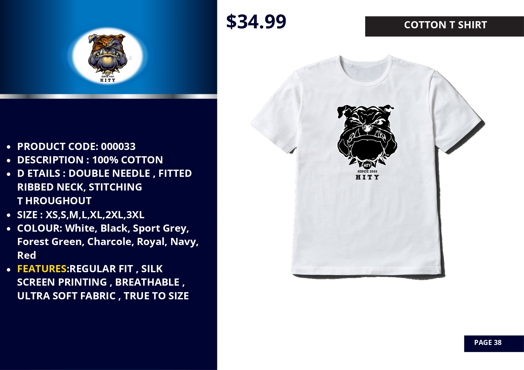 Men's white cotton pug graphic T-shirt with various sizes.