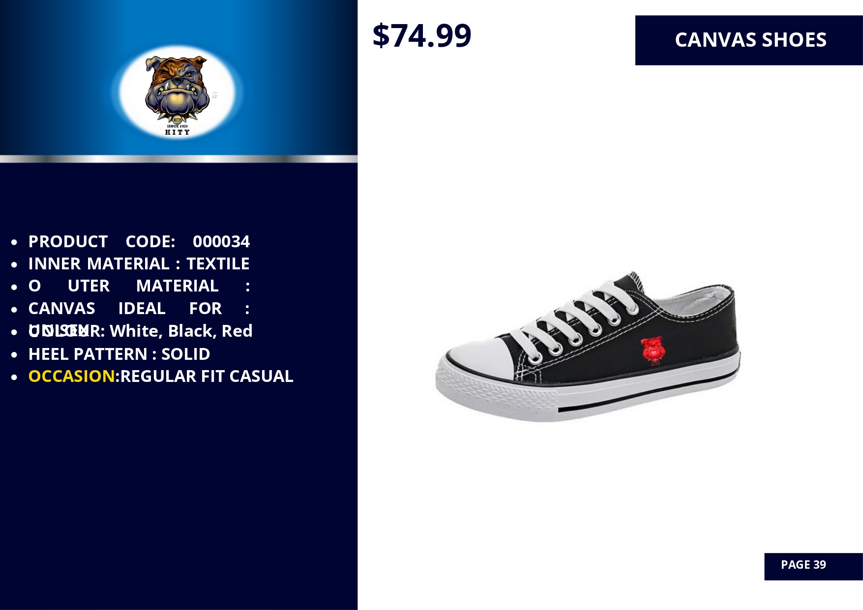 Black canvas sneakers with a red heart detail, priced at $74.99.