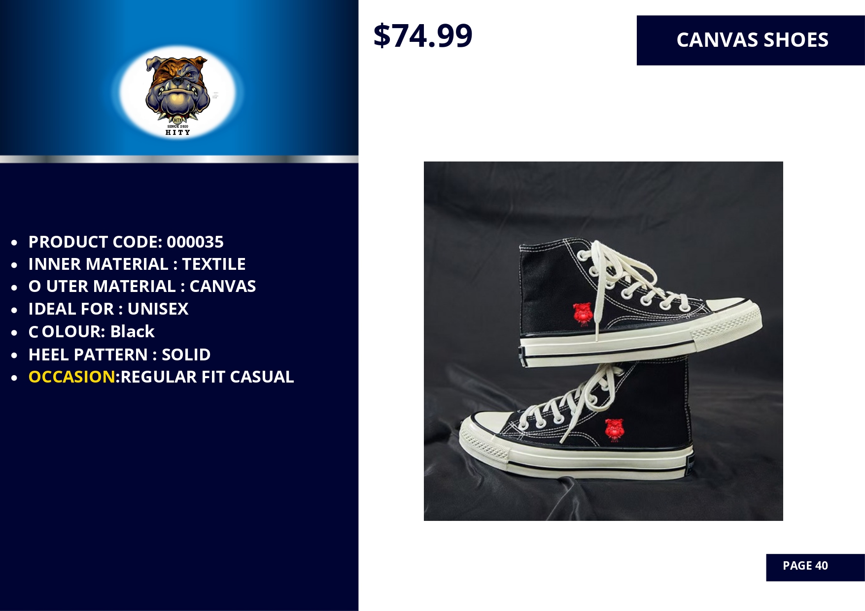 Black high-top sneakers with white laces and red accents.