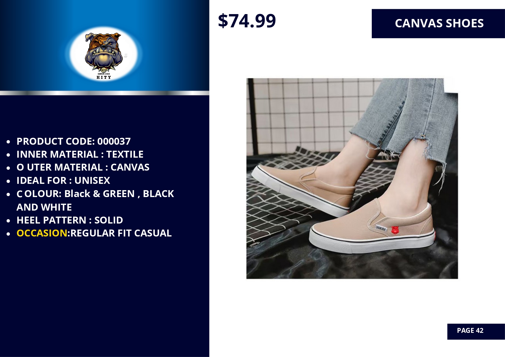 Casual slip-on canvas shoes in beige with red accents, priced at $74.99.