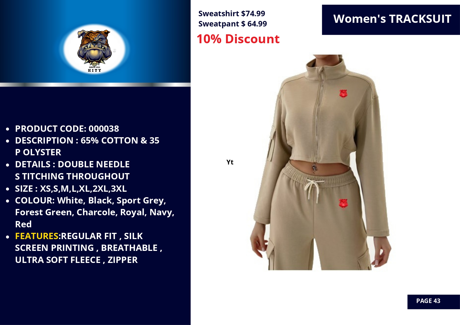 Beige women's sweatshirt and shorts set with red logo, available in multiple colors and sizes.