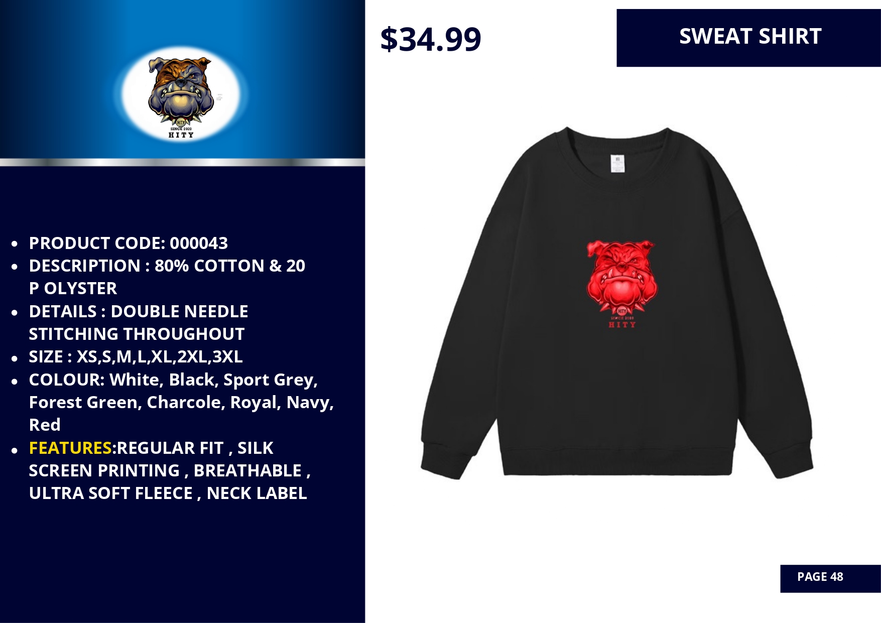 Black sweatshirt with a red bear graphic and pricing details.