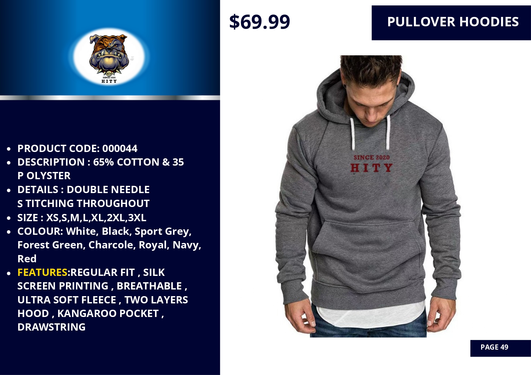 Men's pullover hoodie with 'Kitty' text, available in multiple colors.