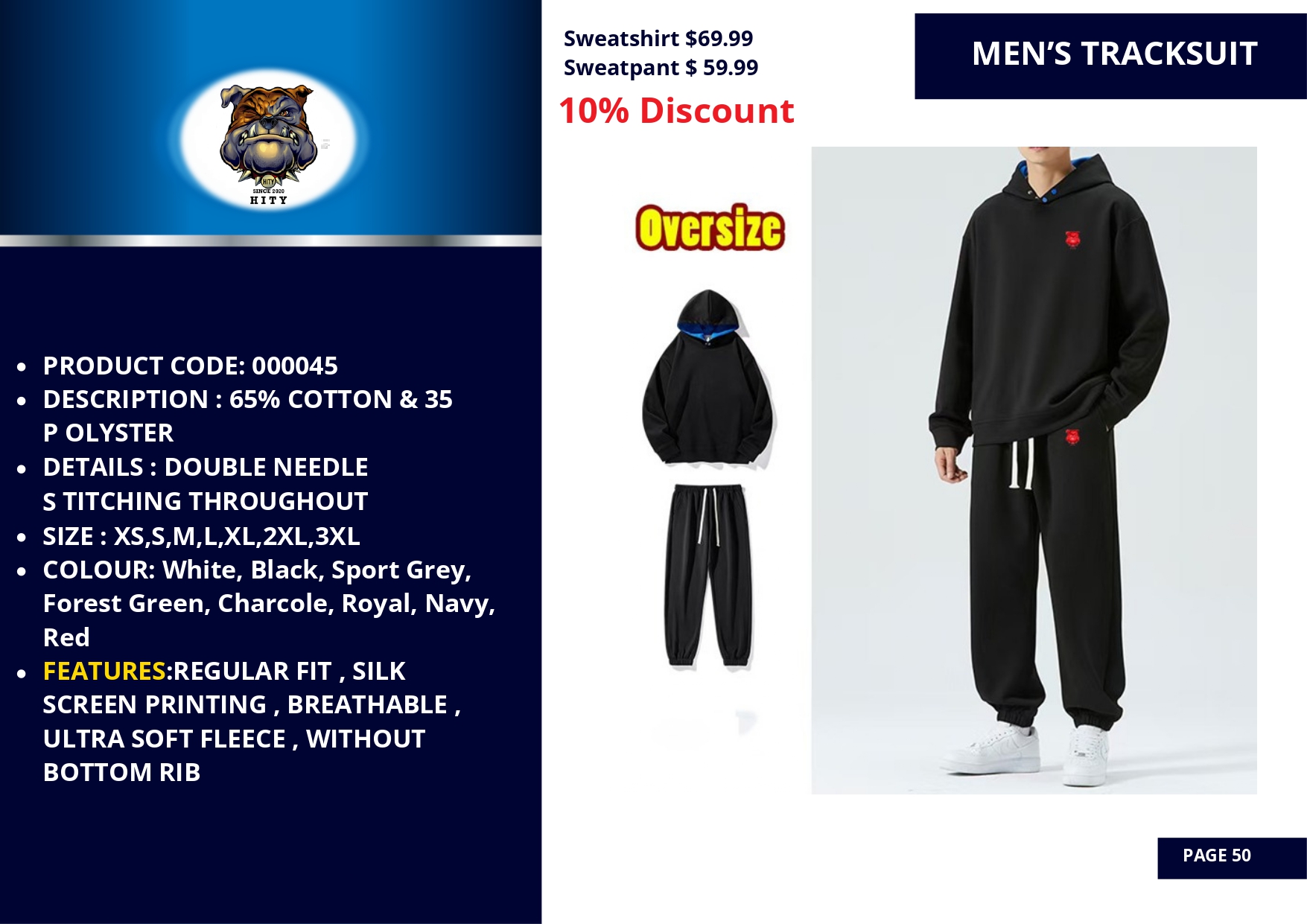 Oversized black hoodie and sweatpants set with colorful patches and 10% discount offer.