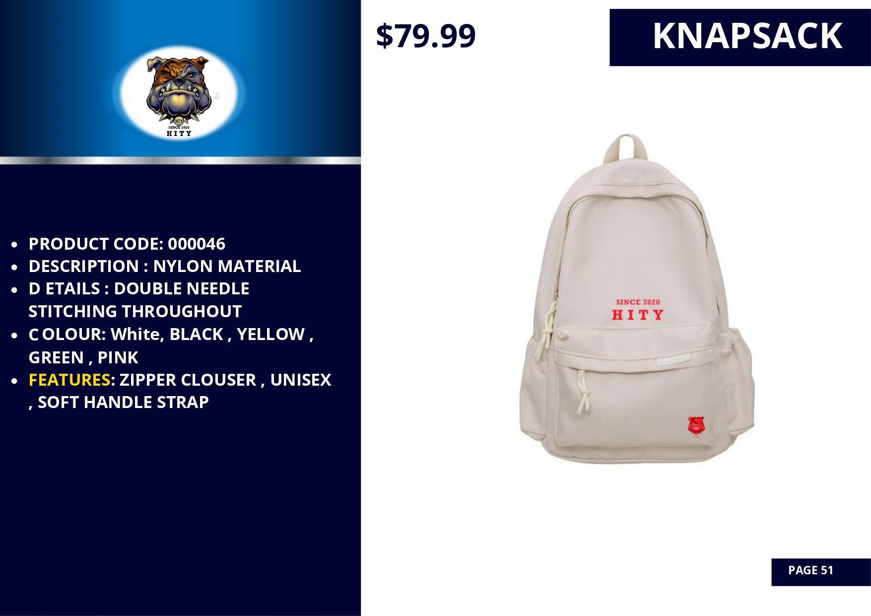 White KNAF backpack with multiple compartments and adjustable straps.