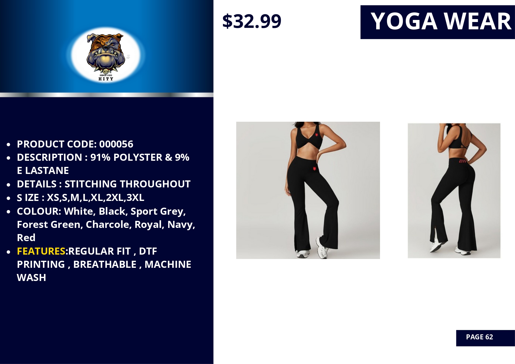 Black yoga pants with side slits and a high waist, styled with a black sports bra.