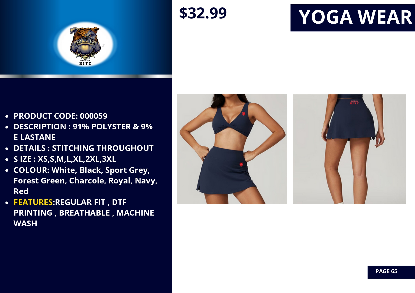 Woman modeling a navy blue yoga outfit with skirt and sports bra.