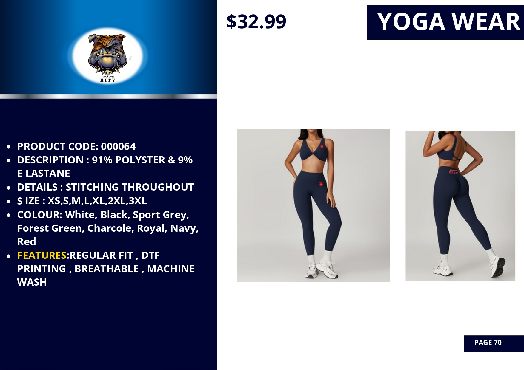 Woman modeling navy blue yoga leggings with high waist and zipper pocket.