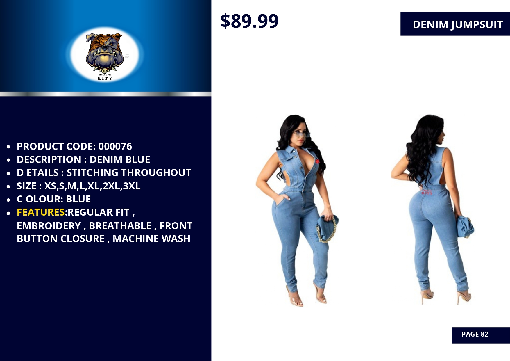 Woman modeling a denim blue jumpsuit with a front zipper and ruffle sleeves.
