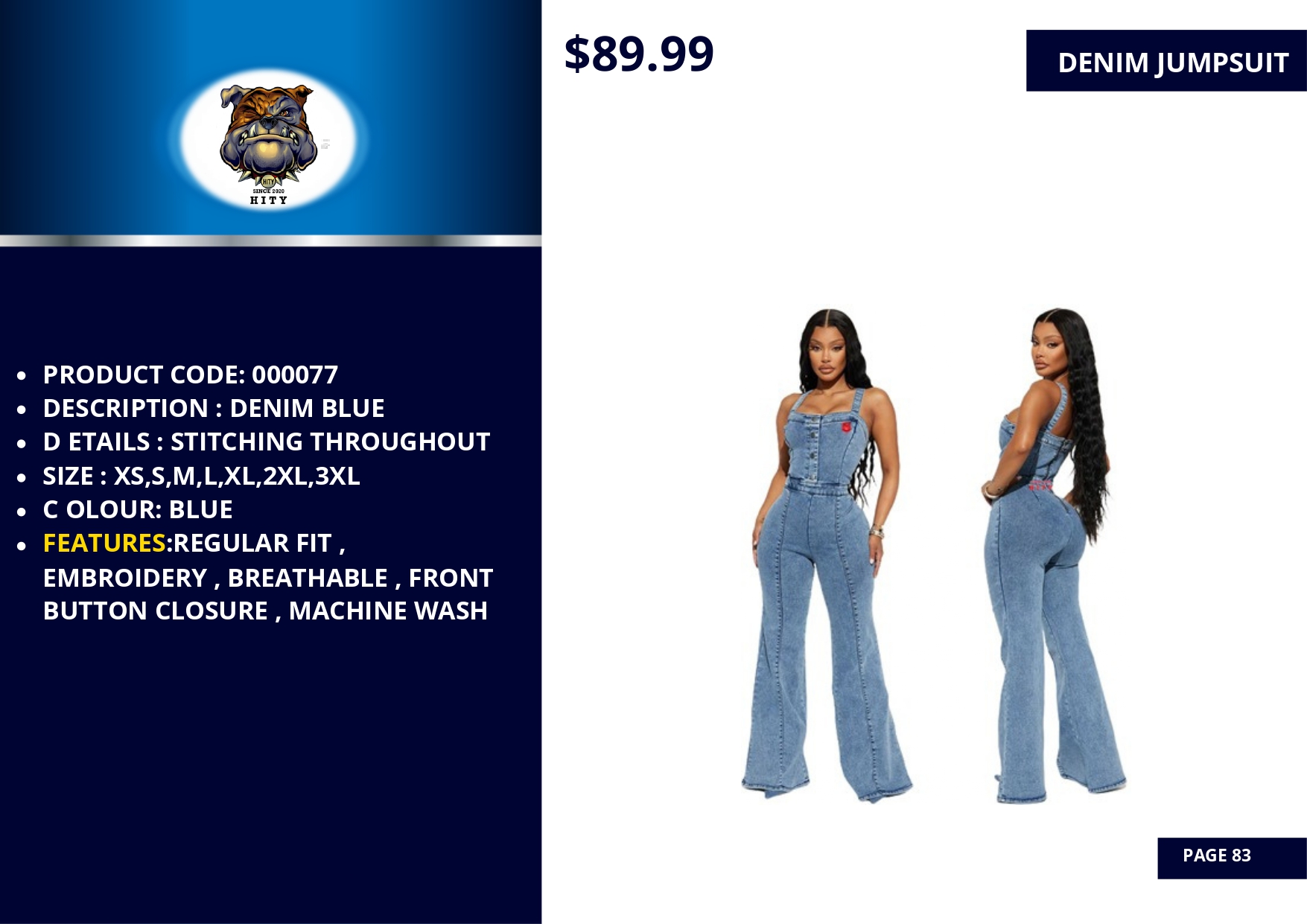 Woman modeling blue denim jumpsuit with flared legs and spaghetti straps.